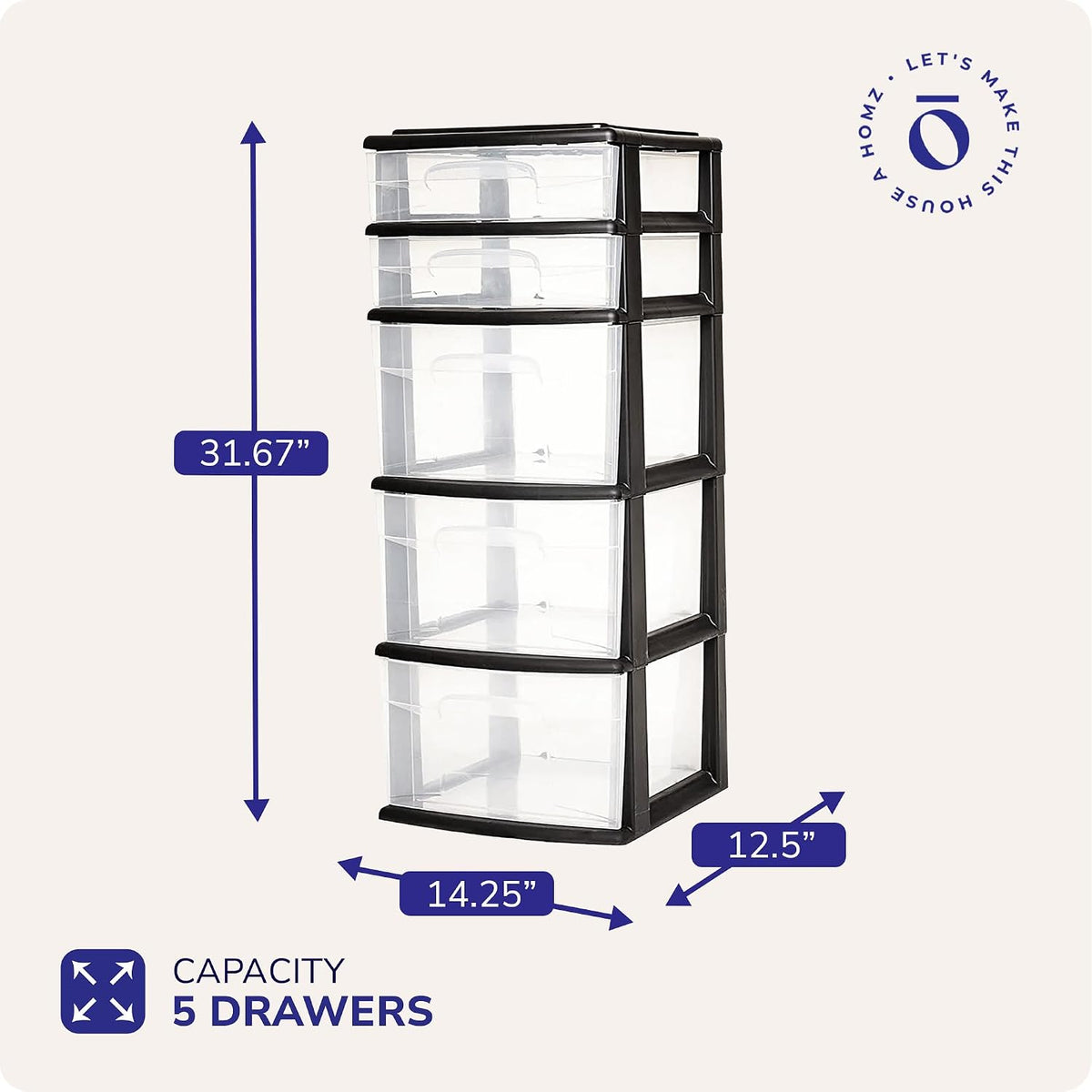 HOMZ Drawer Tower, 5-Tier Storage Organizer Unit, Black Frame