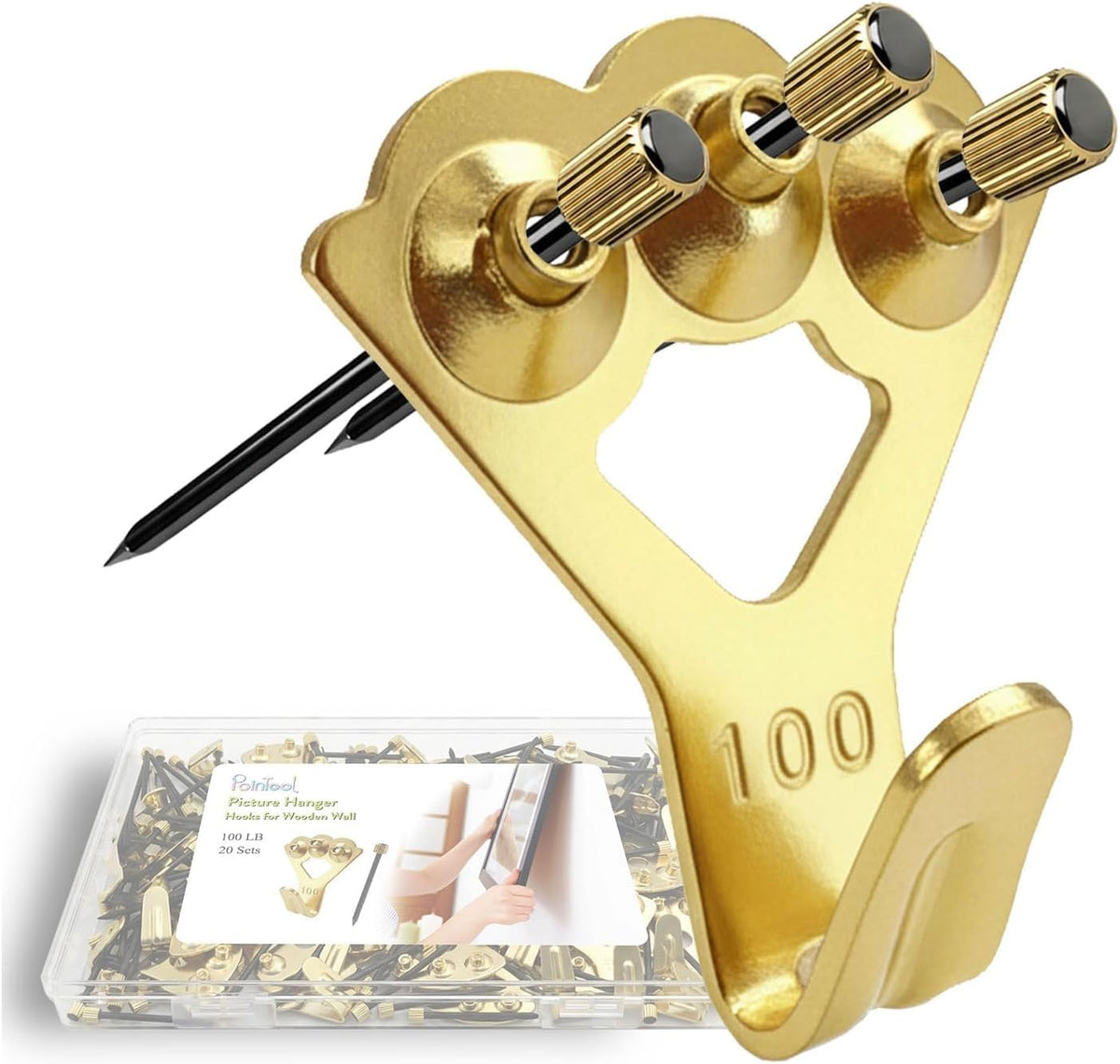 100 lb Picture Hangers, Picture Hooks for Hanging Pictures, 20Pcs Frame Hooks Picture Hangers Heavy Duty Hardware Hanger Kit Wooden Wall Painting Hangers Hooks and Nails for Pictures