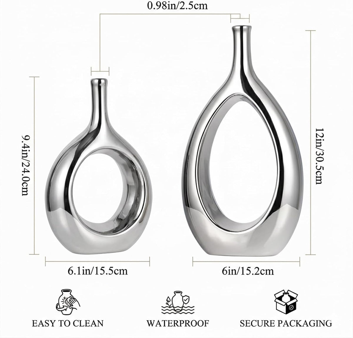Glossy Silver Vase Ceramic Silver Vases Home Decor,Modern Minimalist Circle with Hole Decorative Vase, Hollow Ellipse Flower vases for Bookshelf, Fireplace Mantle, Centerpieces,Farmhouse,Rustic Décor