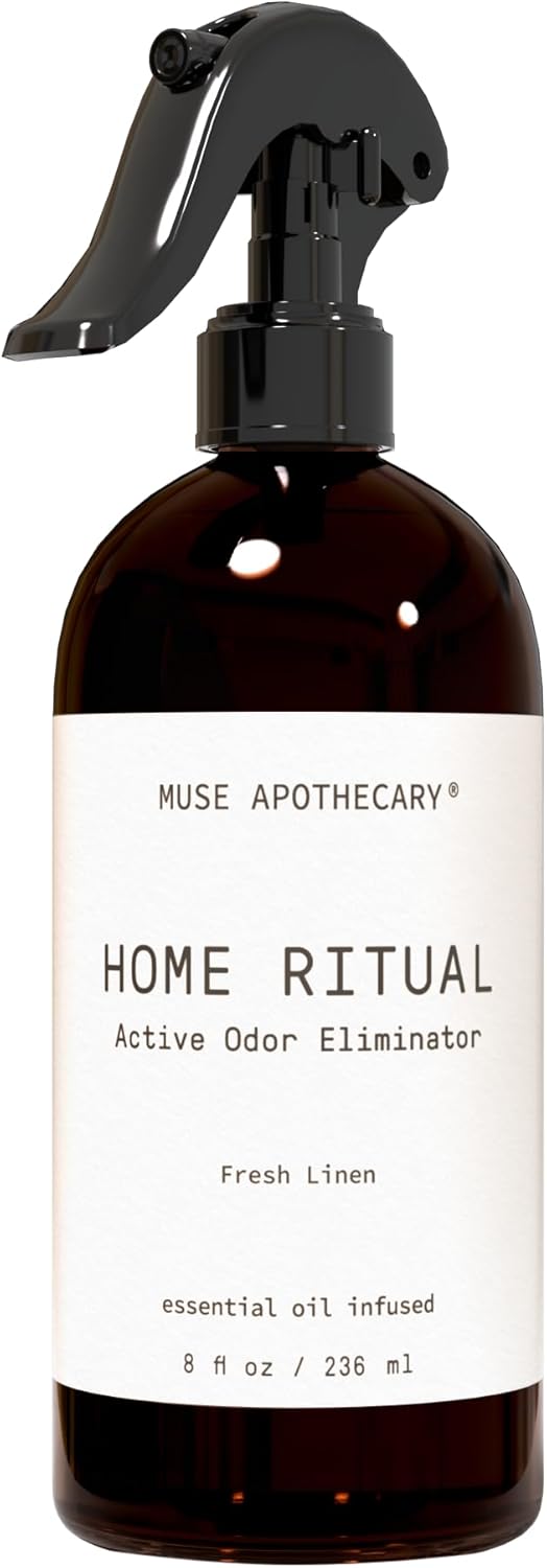 Muse Apothecary Home Ritual Active Odor Eliminator Spray - Furniture Deodorizer Spray & Bathroom Odor Eliminator for Home - Essential Oil Air Freshener - 4oz, Tonka Bean + Amber + Warm Cedarwood