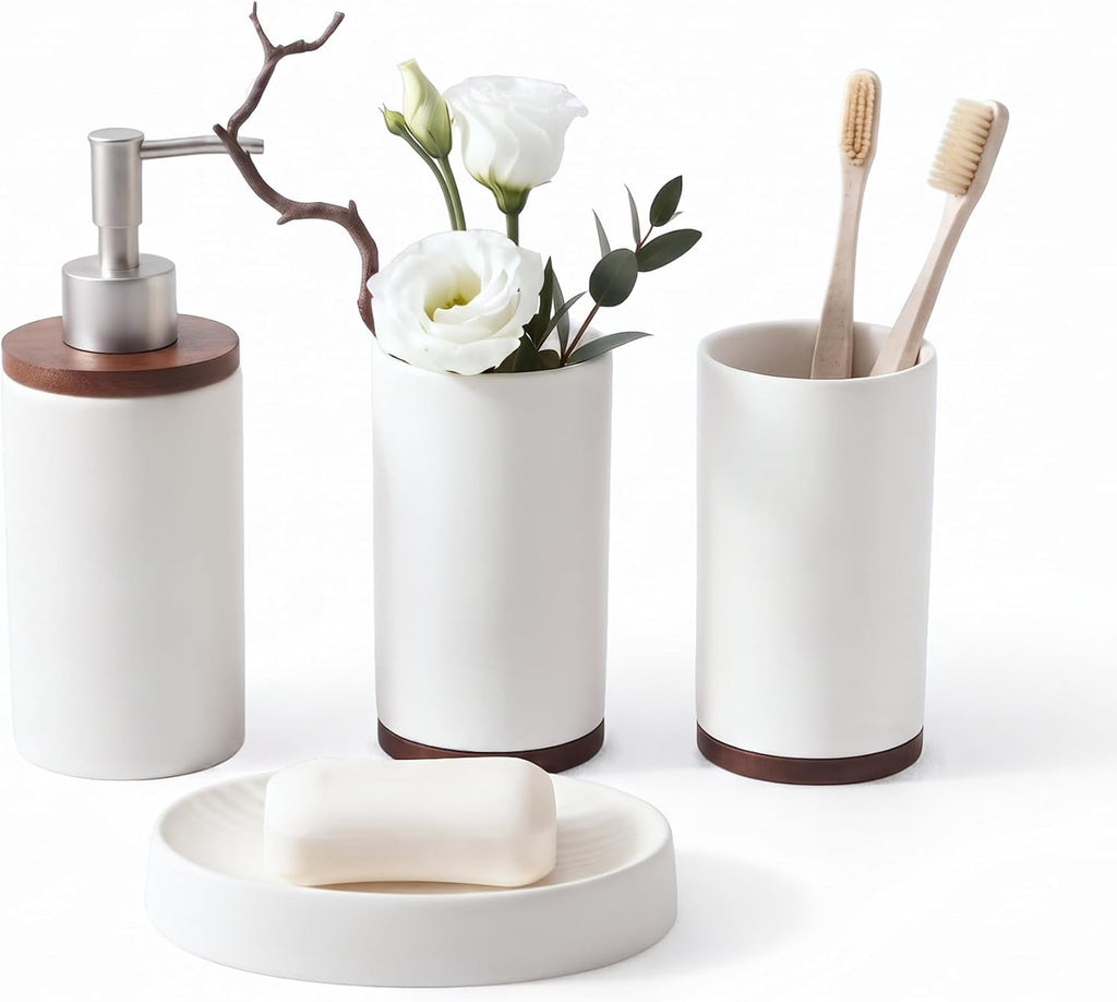 LarqeeWare Ceramic Bathroom Accessories Set 4 Pcs, Matte Bathroom Sink Set