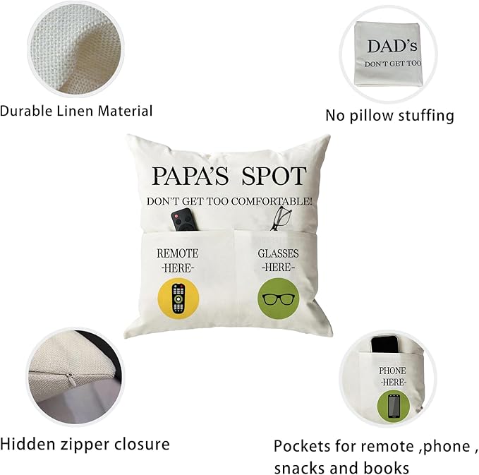 ONFAON Papa Gifts Throw Pillow Case, Papa's Spot Throw Pillow Covers 18 x 18 - Image 5