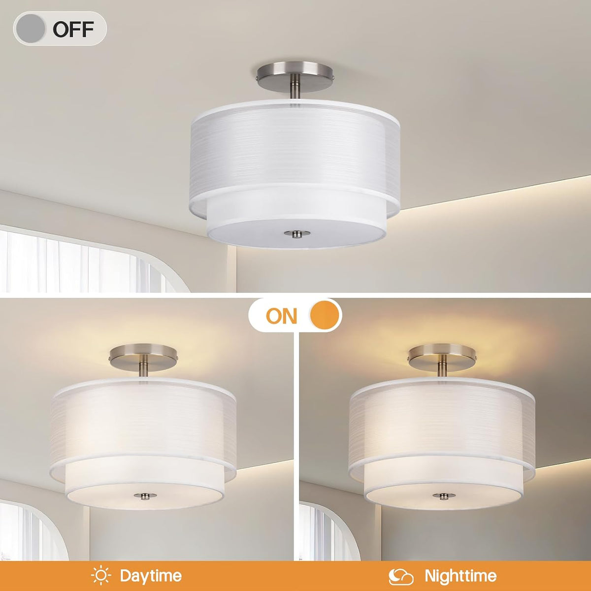 Semi Flush Mount Ceiling Light Fixture,Bedroom Ceiling Light,12.6'' Light Fixtures Ceiling Mount,Drum Light Fixture,3-Light Modern Close to Ceiling Lamps for Living Room Dining Room Kitchen Entryway