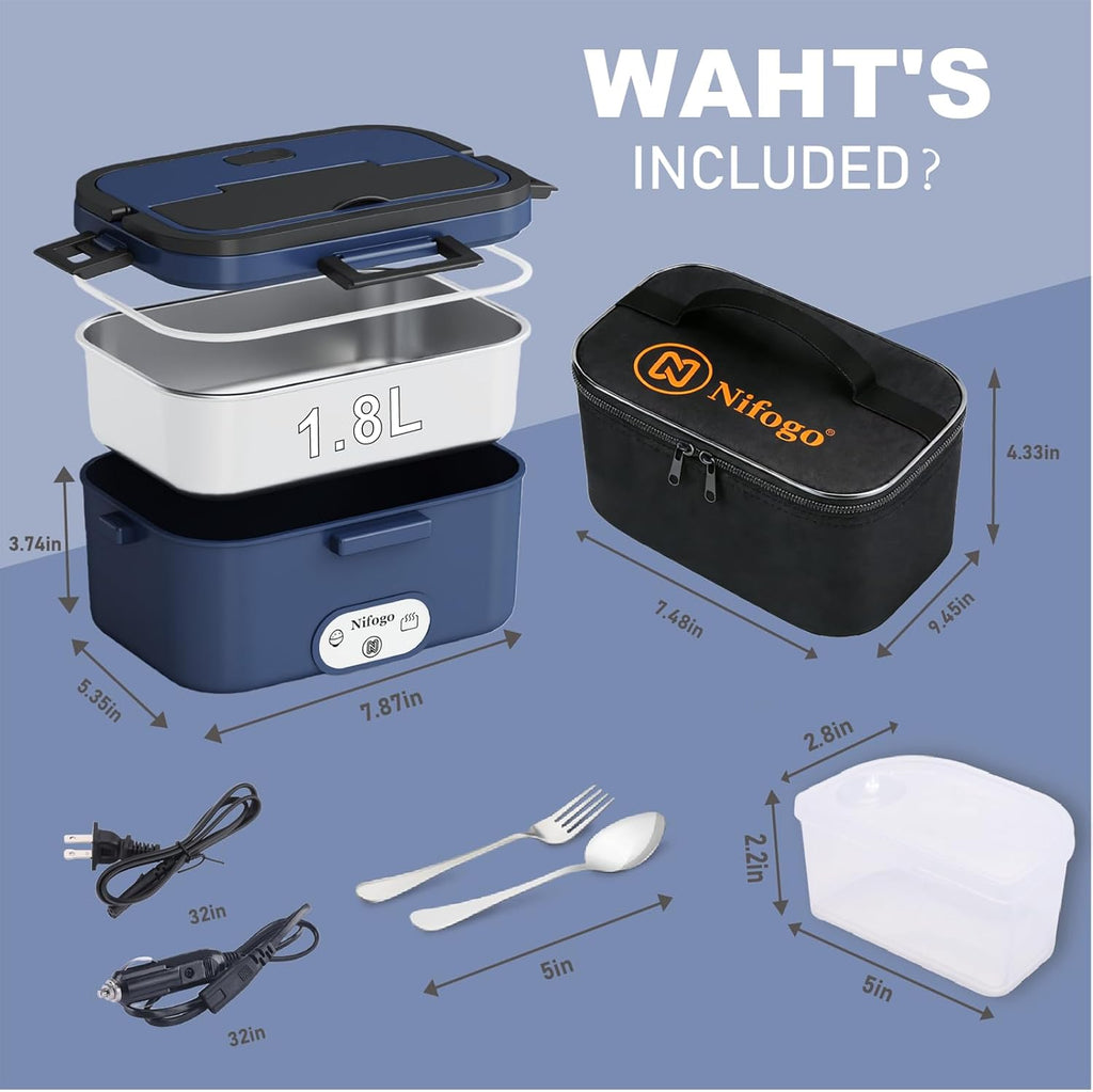 Nifogo Electric Lunch Box for Adults Men 100W 1.8L, 12V/24V/110V