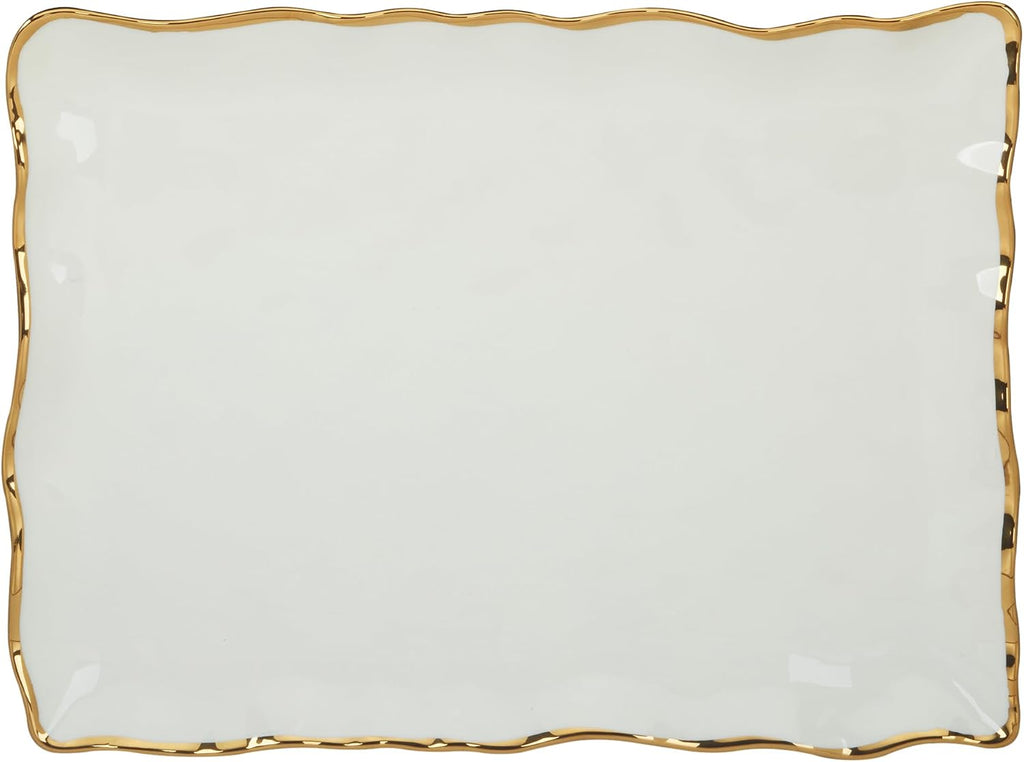 Regency Gold Porcelain Rectangular Platter with Scalloped Edges, Metallic Gold Rim, 16x11.75in, Elegant Serving Dish for Appetizers, Desserts & Buffet, Durable Dinnerware for Entertaining & Everyday