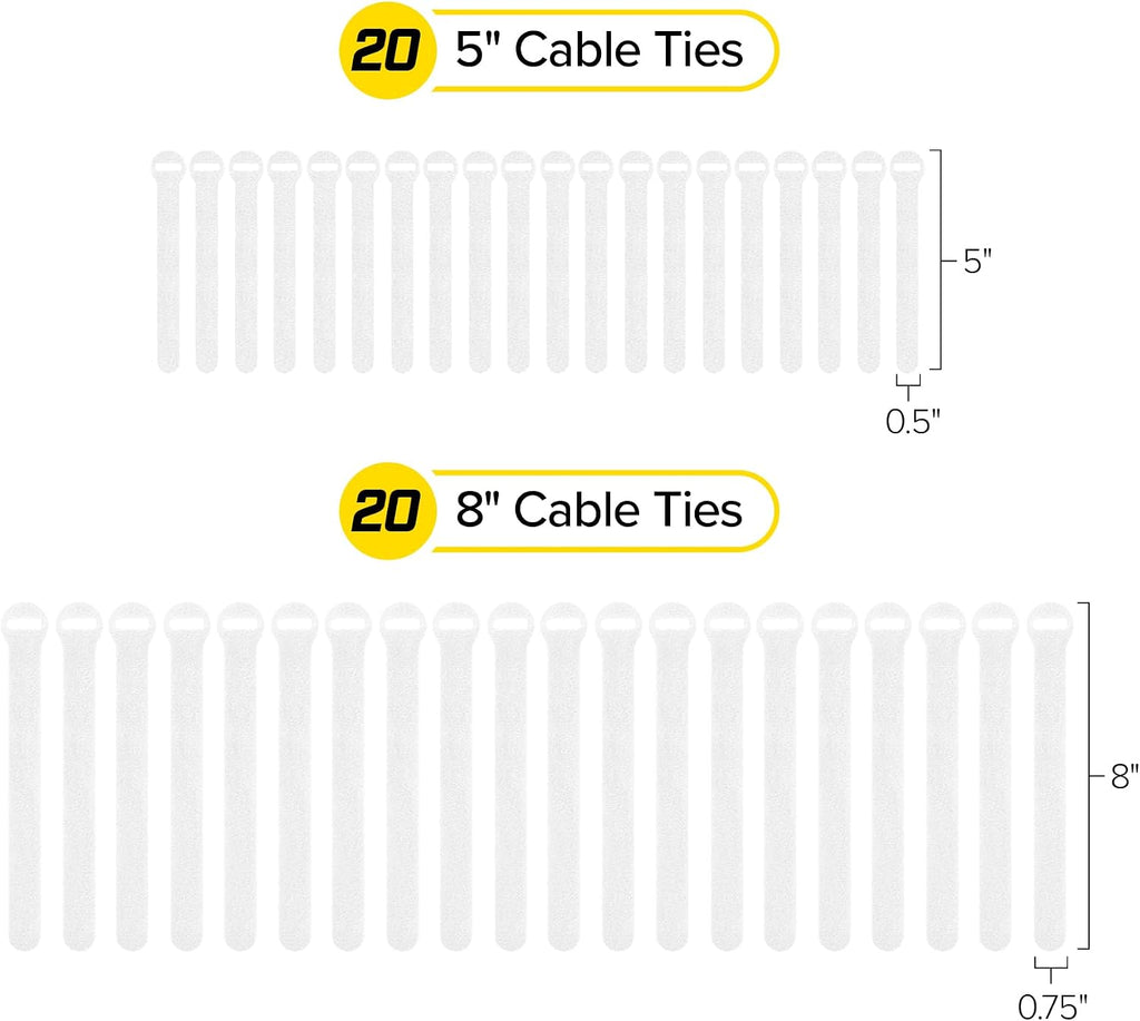 Self-Gripping Cable Ties by Wrap-It Storage - Assorted 40 Pack White