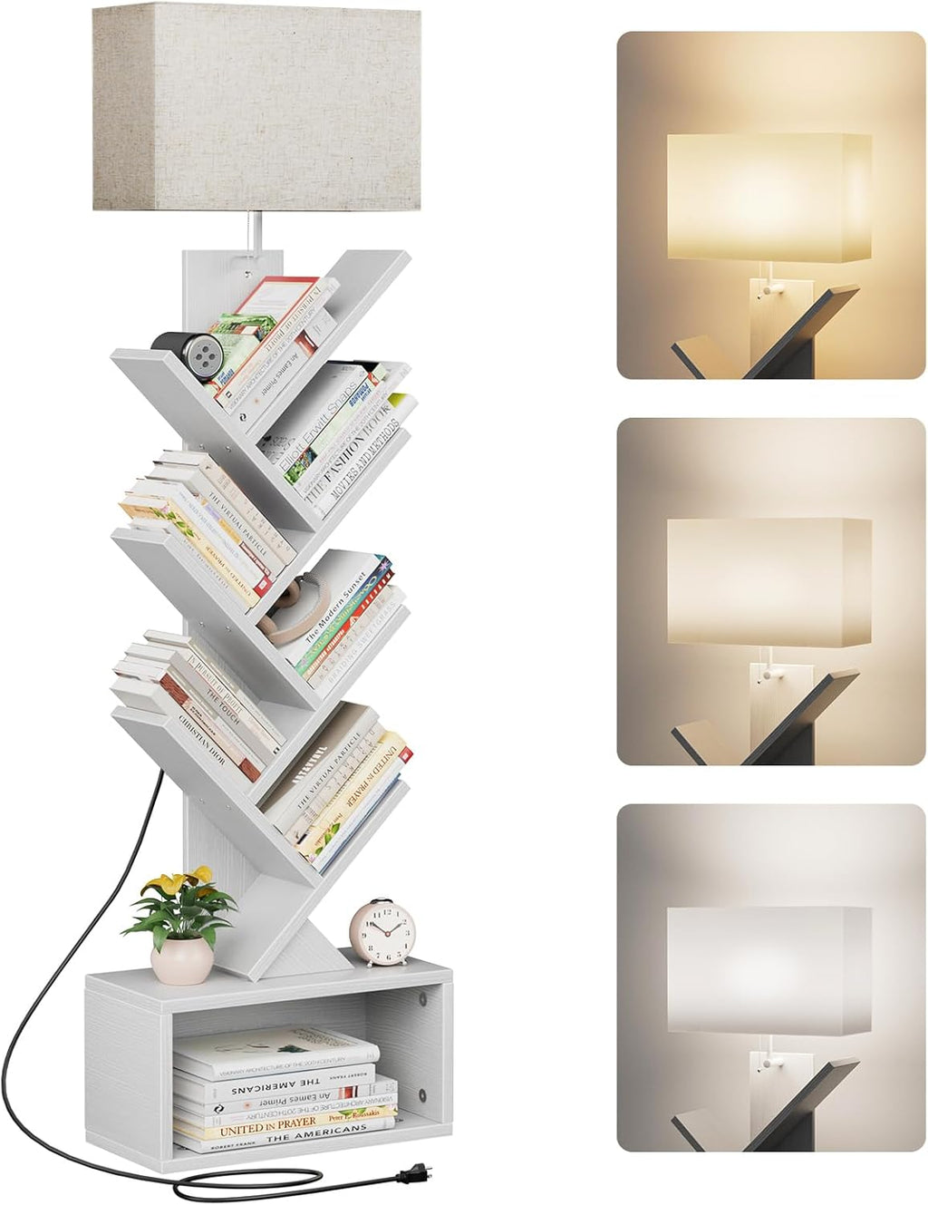 Evermagin 6 Tier Tree Bookshelf with Light, Bookcase, White