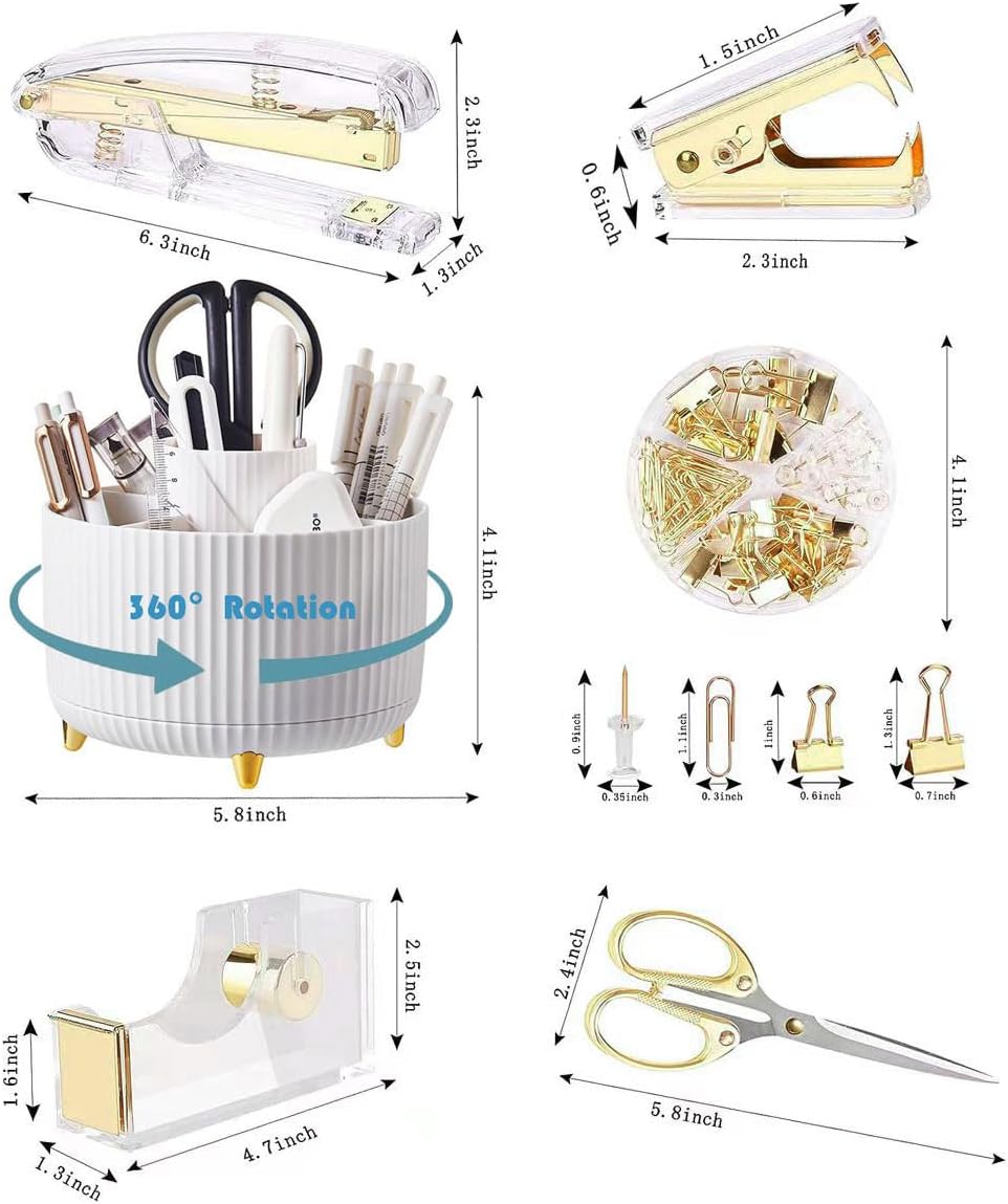 Gawsey Gold Desk Organizers and Accessories with Desk Organizer 360° Rotating Pen Holder and Office Supplies, Cute Stationery Supplies Set