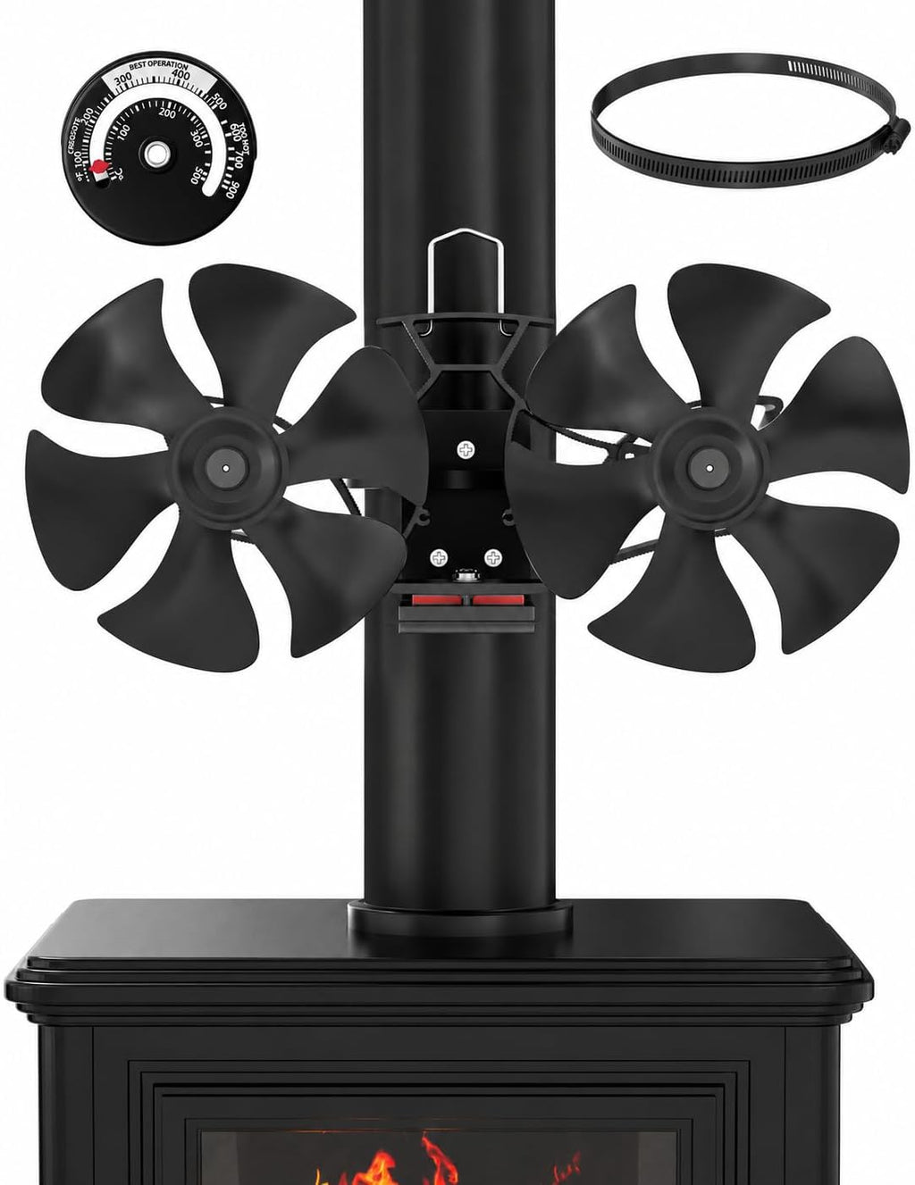 Wood Stove Fan, Magnetic Mount Pipe Fireplace Fan with Retaining Ring