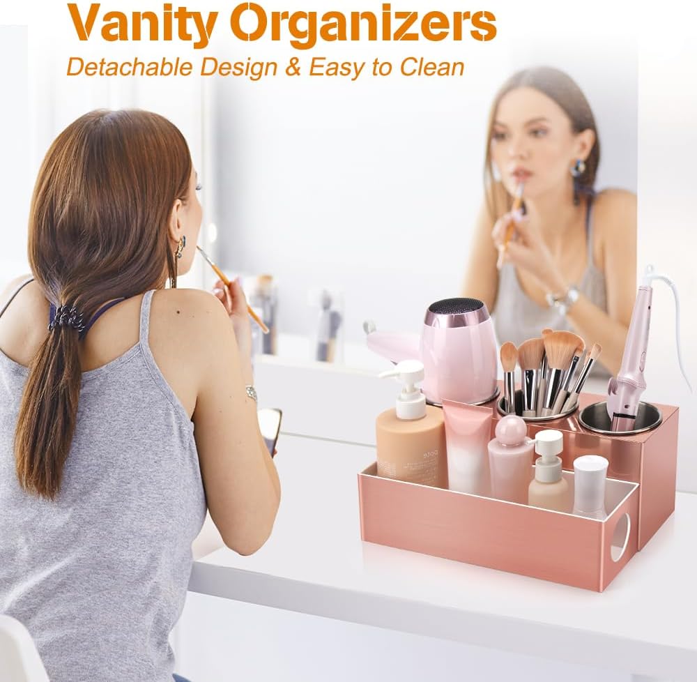 Hot Hair Styling Tool Organizer with 3 Stainless Steel Cups, Pink