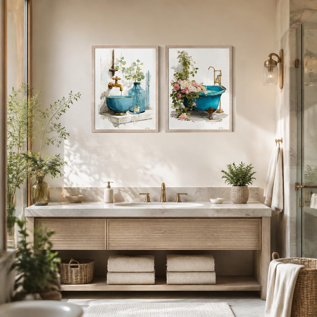 Vintage Bathroom Wall Art Canvas Print Framed Floral Poster Decor 12x16Inch