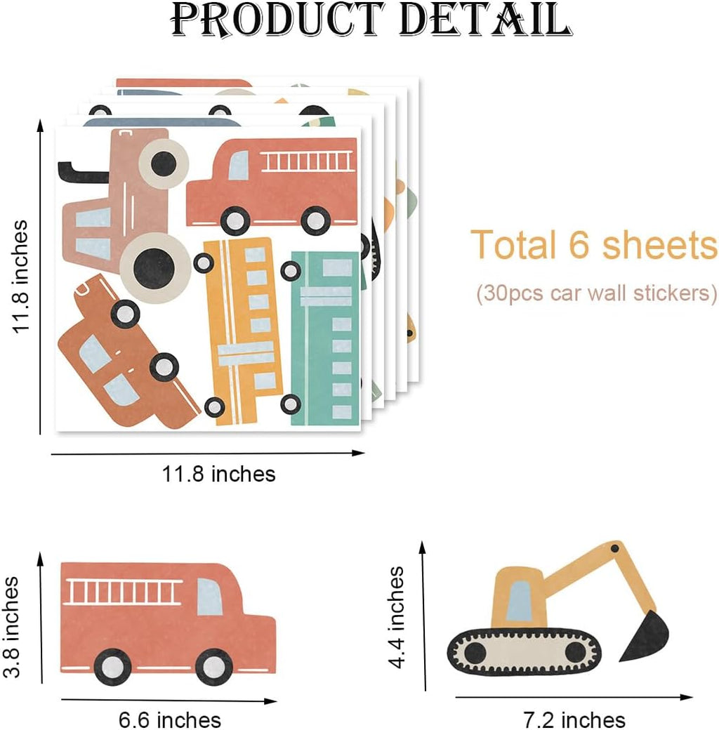 YIMEHDAN Watercolor Transportation Vehicle Wall Decals,Truck Tractor Excavator Bus Vinyl Wall Stickers, Self-Adhesive Cartoon Construction Car Artwork for Boys Bedroom Playroom Decor