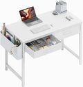 DLisiting 32 Inch Small White Desk with 2 Drawers