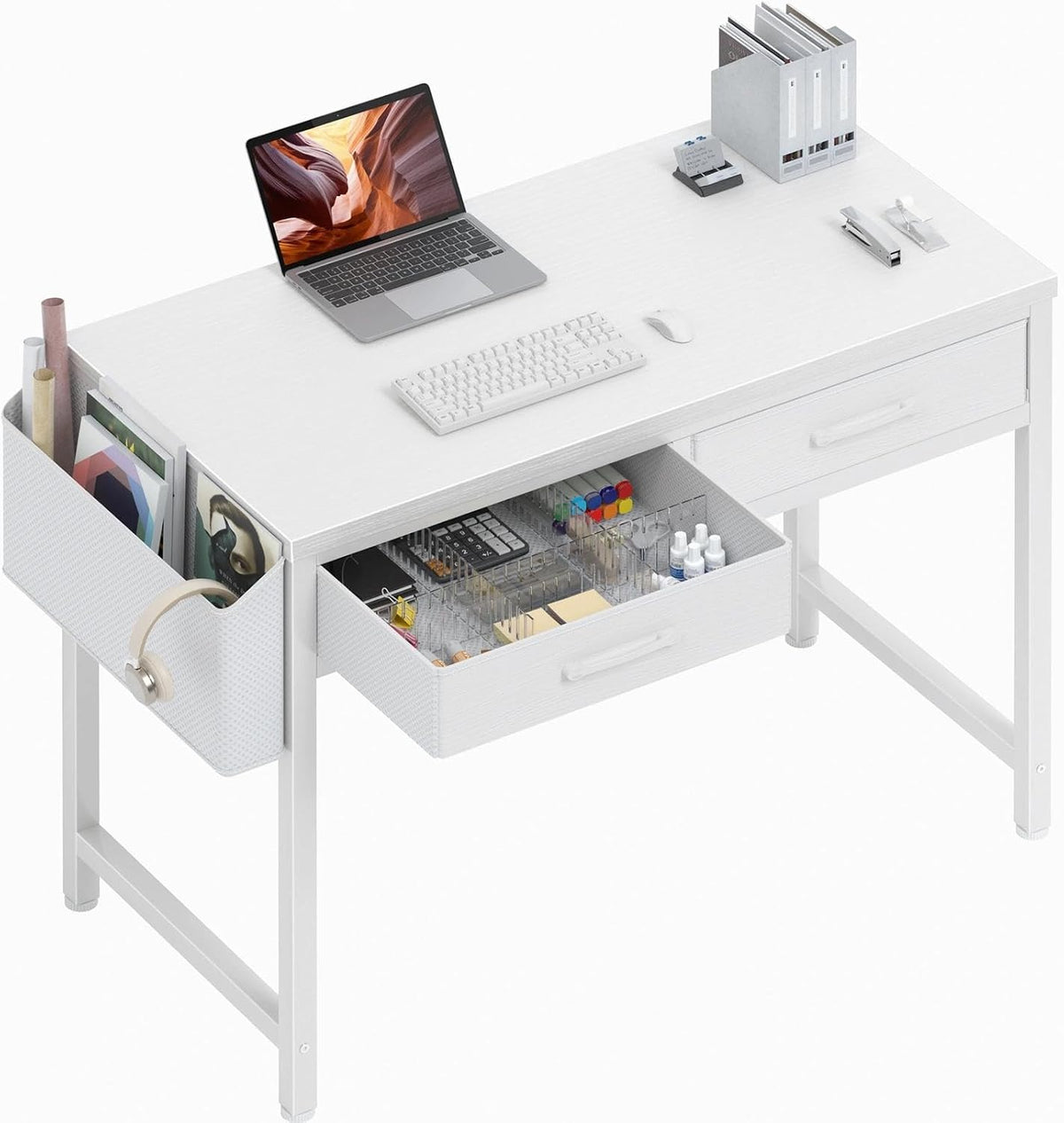 DLisiting 32 Inch Small White Desk with 2 Drawers