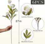 VIERENA 6 Pcs 27" Faux Silk Peony Artificial Flowers Stems for Vase (Cream)