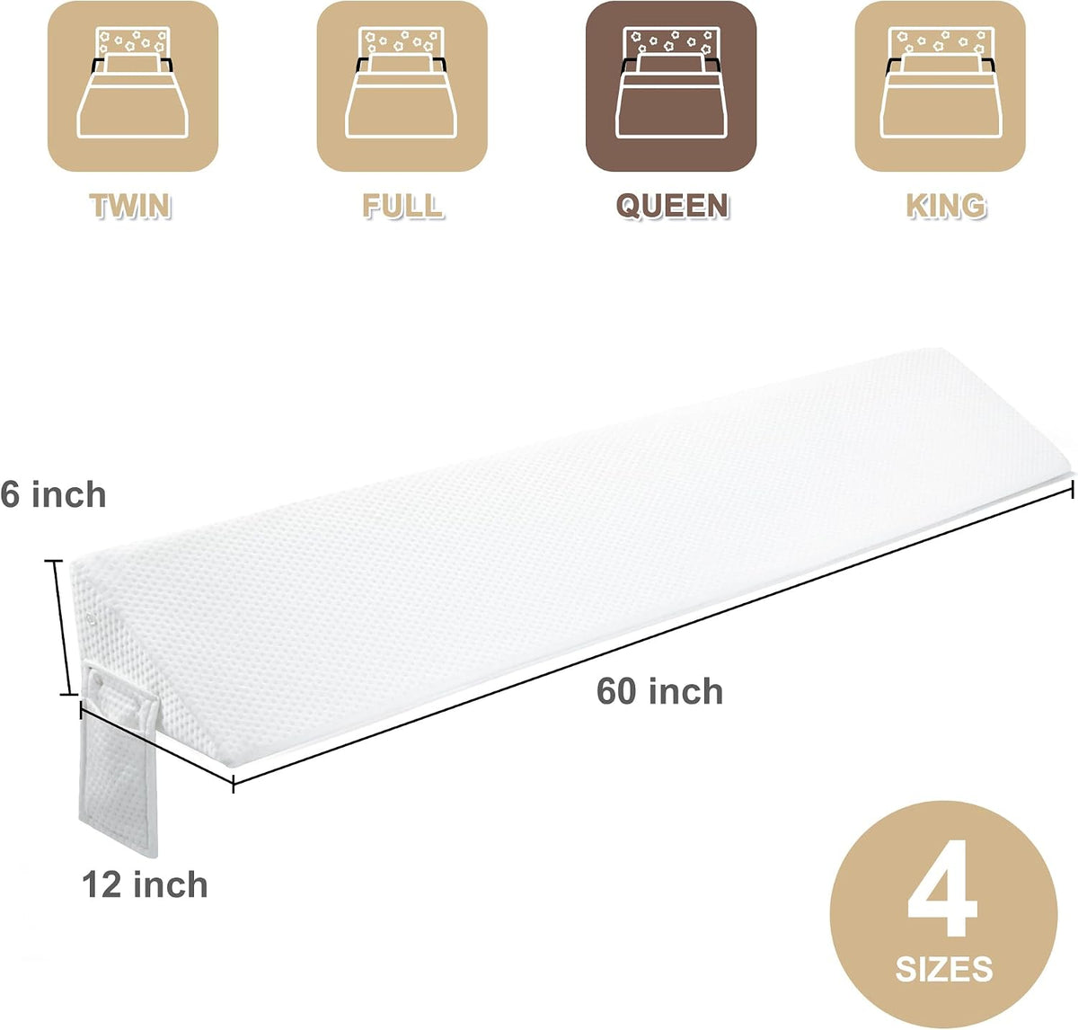 Queen Size(60"x6"x10") Bed Wedge Pillow for Headboard, Mattress Gap Filler(0-8"), Bed Wedge for Gap Between Your Headboard and Mattress White