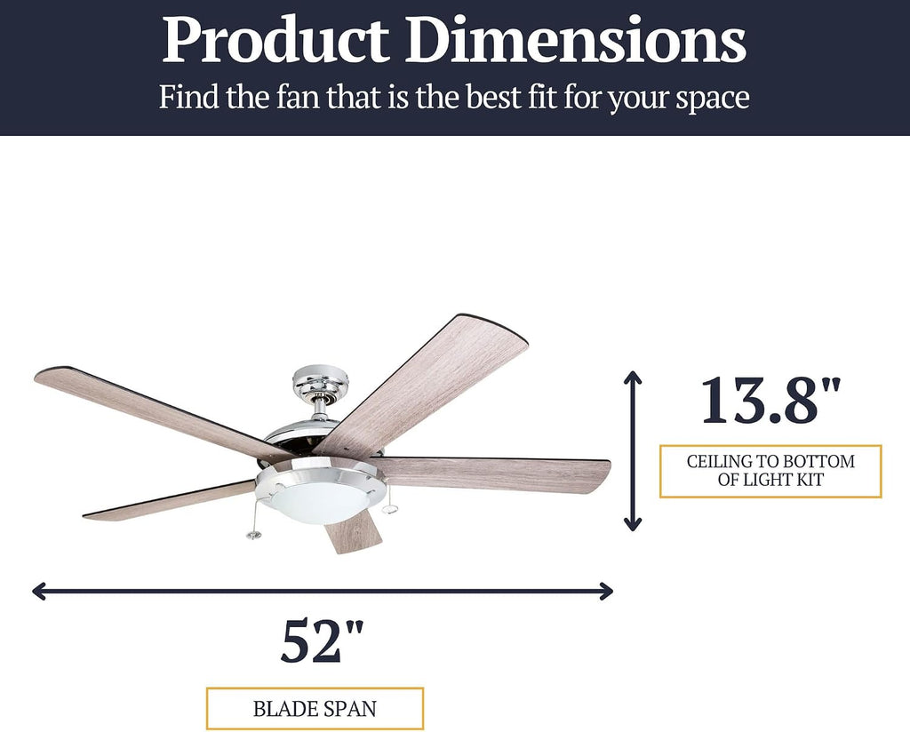 Prominence Home Bolivar, 52 Inch Modern LED Ceiling Fan with Light, Pull Chain, Dual Mounting Options, Dual Finish Blades, Reversible Motor - 80100-01 (Chrome)