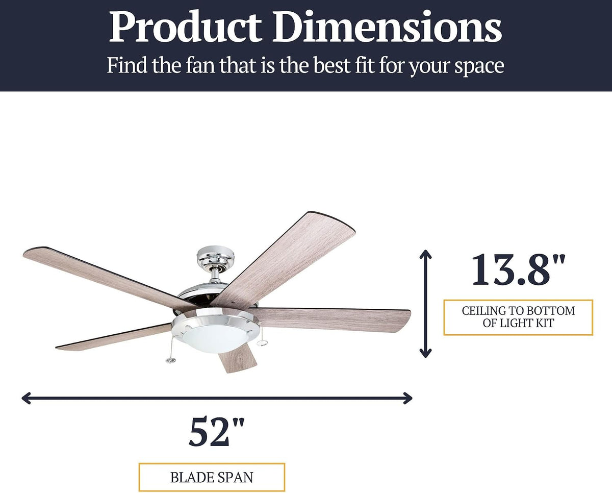 Prominence Home Bolivar, 52 Inch Modern LED Ceiling Fan with Light, Pull Chain, Dual Mounting Options, Dual Finish Blades, Reversible Motor - 80100-01 (Chrome)