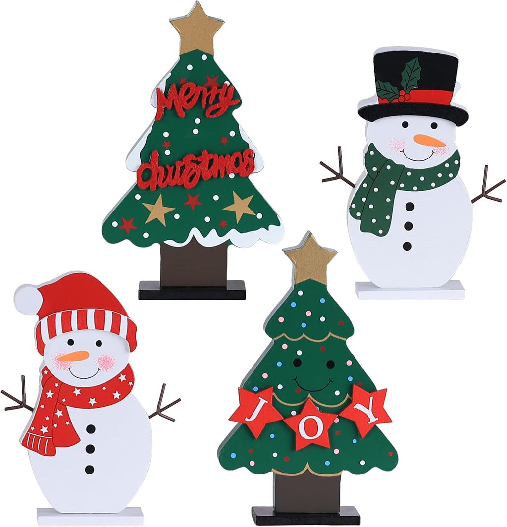 DECSPAS Christmas Decorations Indoor, 4 PCS Wood Christmas Trees & Snowmen for Centerpiece Table Decorations, Wooden Tiered Tray for Xmas Decor, Home, Winter, Tabletop, Mantel, Shelf, Gifts