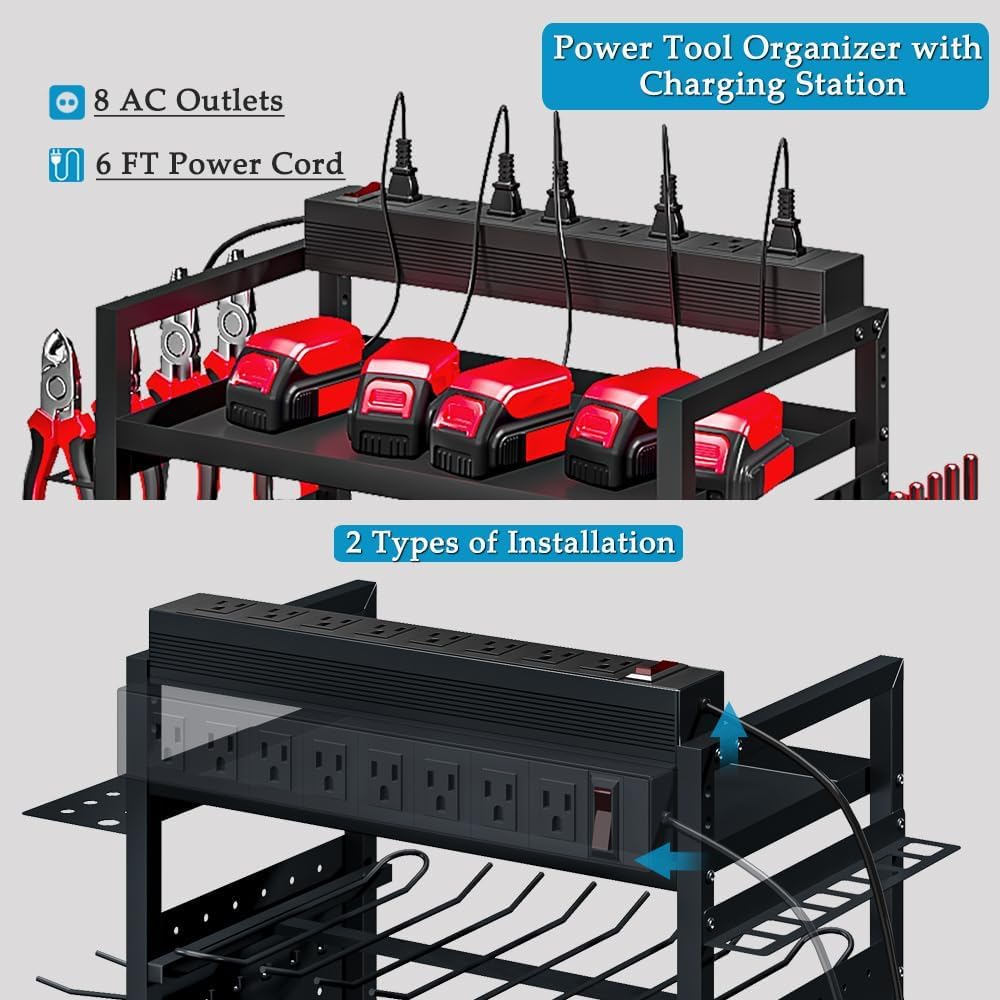 INGIORDAR Power Tool Organizer storage Cart with Charging Station,Black