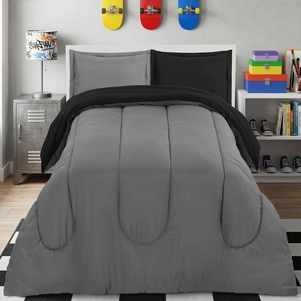 Utopia Bedding 3 Pc Kids Twin Comforter Set, Black/Grey