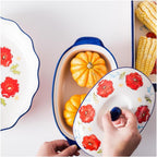 Floral Ceramic Casserole Dish with Lid – 40oz Oval Baking Dish, Oven-Safe Stoneware for Lasagna, Roasting, Serving – Elegant Floral Design, Microwave & Dishwasher Safe – Perfect for 1-2 Person