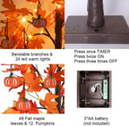 hogardeck Fall Decorations for Home, Thanksgiving Decorations, 24”2FT Lighted Maple Leaves Tree with 24 LEDs & 12 Wood Pumpkin Ornaments, Battery Powered Timer Artificial Trees for Autumn Table Decor