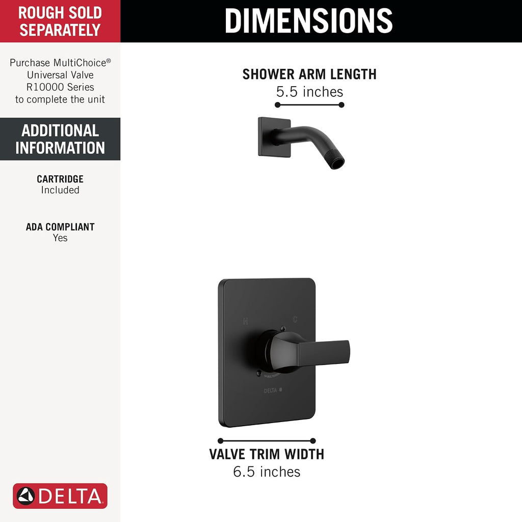 Delta Faucet Velum 14 Series Single-Function Black Shower Valve Trim Kit, Shower Handle, Delta Shower Trim Kit, Matte Black T14237-BLLHD (Shower Head and Valve Not Included)