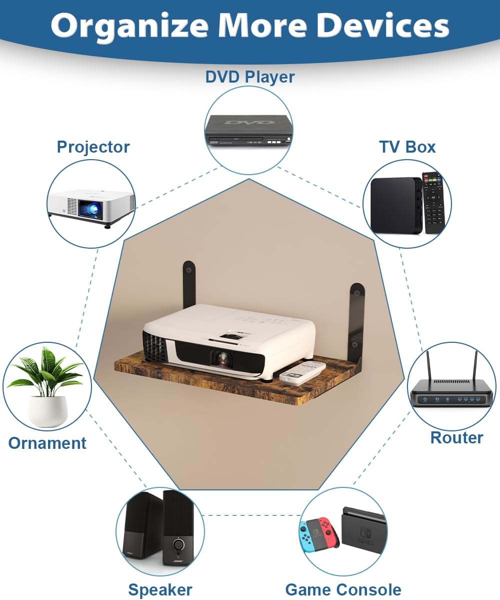Wall-Mounted Projector Shelf, Wooden Media Holder Holds Up to 24 lbs, Floating Entertainment Shelves Furniture for Cable Box, WiFi Router, TV Box, Game Console, DVD Player, Black