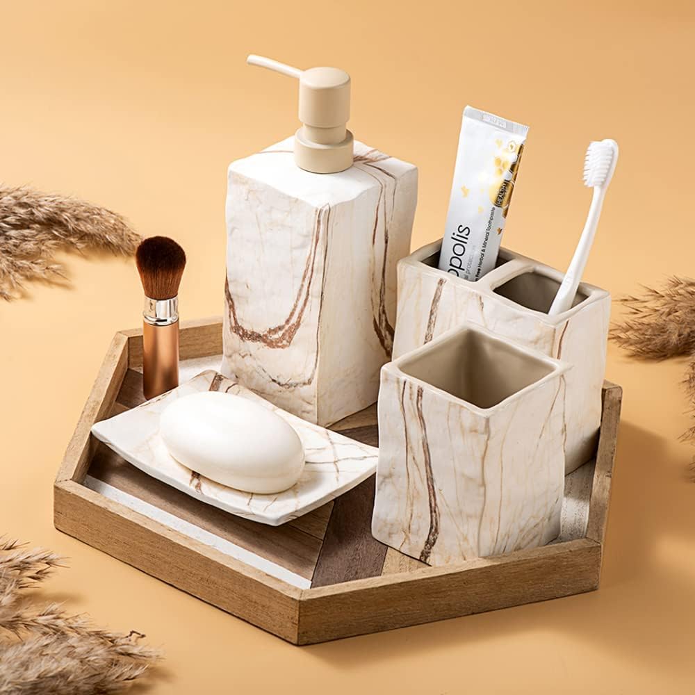 RQYIXI Ceramic Bathroom Accessories Set,Brown,4 Piece,Marble Design