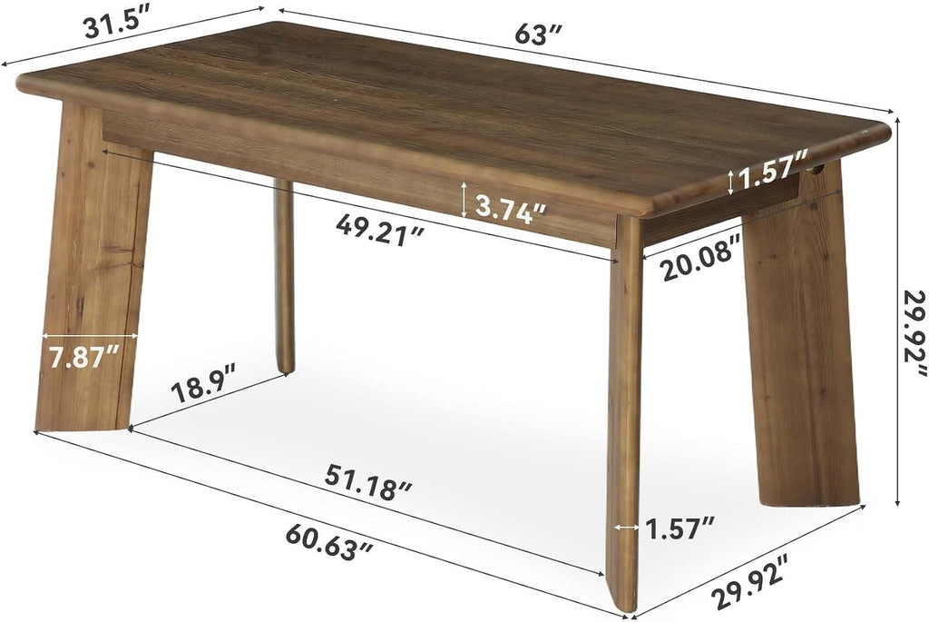 LITTLE TREE Solid Wood Dining Table for 4-6 People, 63 Inches Dining Room Table, Vintage Rectangle Kitchen Table with Leaning Legs, Dinner Tables for Dining Room Living Room, Easy Assembly, Chestnut