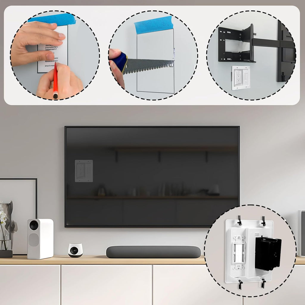 Recessed TV Outlet Box, Dual Outlet Power Cable Management Outlets in Wall Media Box, Low Voltage Wires Hider Kit Electrical Accessories for Saving Home Theater & Office Space