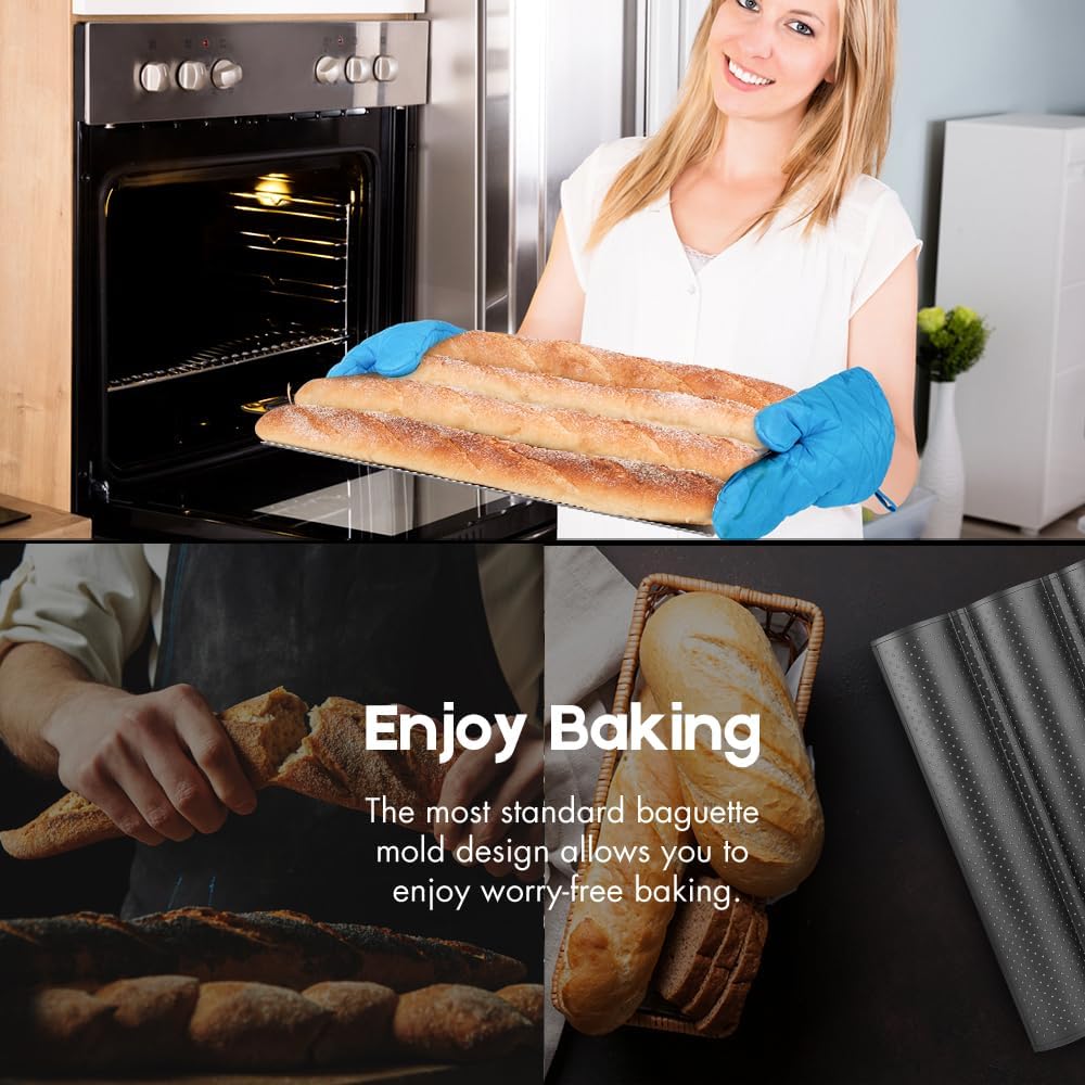 AMAGABELI 2 Pack Baguette Bread Pan 15" x 13" Nonstick Perforated Baguette Tray French Bread Baking 4 Wave Loaf Bake Mold Toast Cooking Baker Molding Gutter Oven Toaster Dishwasher Safe Silver