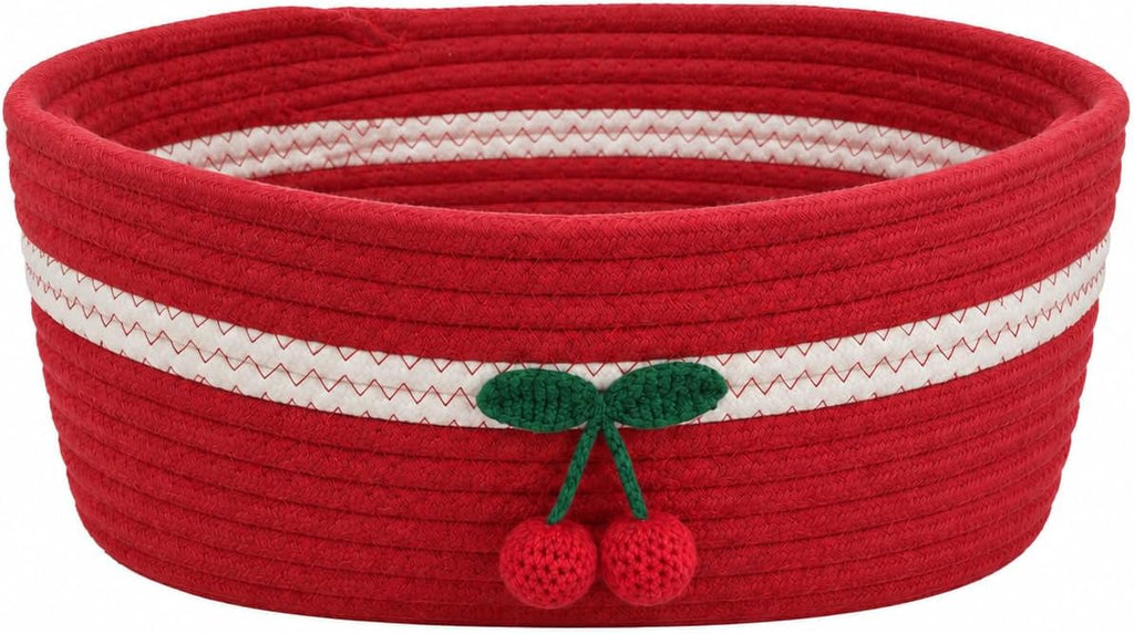 Rectangle Storage Basket Cotton Rope Woven Baskets for Organizing,Cute Cherry Basket for Kids, Baby Nursery,Cat Dog Toy Baskets,Organizer Bins for Shelves 11.8×10.6×4.3INCH