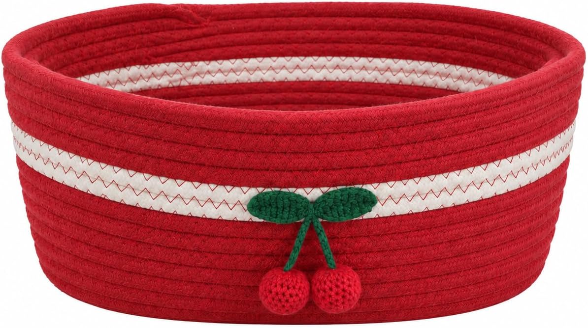 Rectangle Storage Basket Cotton Rope Woven Baskets for Organizing,Cute Cherry Basket for Kids, Baby Nursery,Cat Dog Toy Baskets,Organizer Bins for Shelves 11.8×10.6×4.3INCH