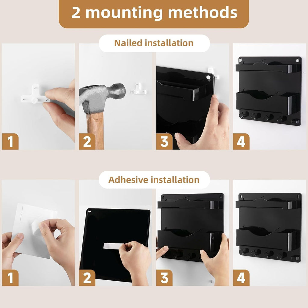 Bedside Wall Shelf with Glasses Hooks ，Adhesive Bedside Organizer Wall Mount for Dorm and Room Accessories Phone，Remote，Earphone， Kindle (Black)
