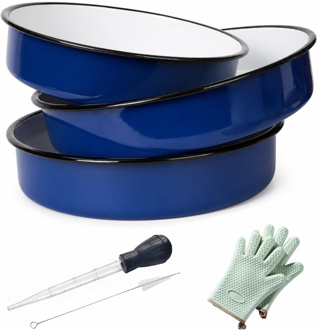 3-Piece Blue Enamel Roasting Pan Set, 10.2/12/13.6 Inch Round Pans