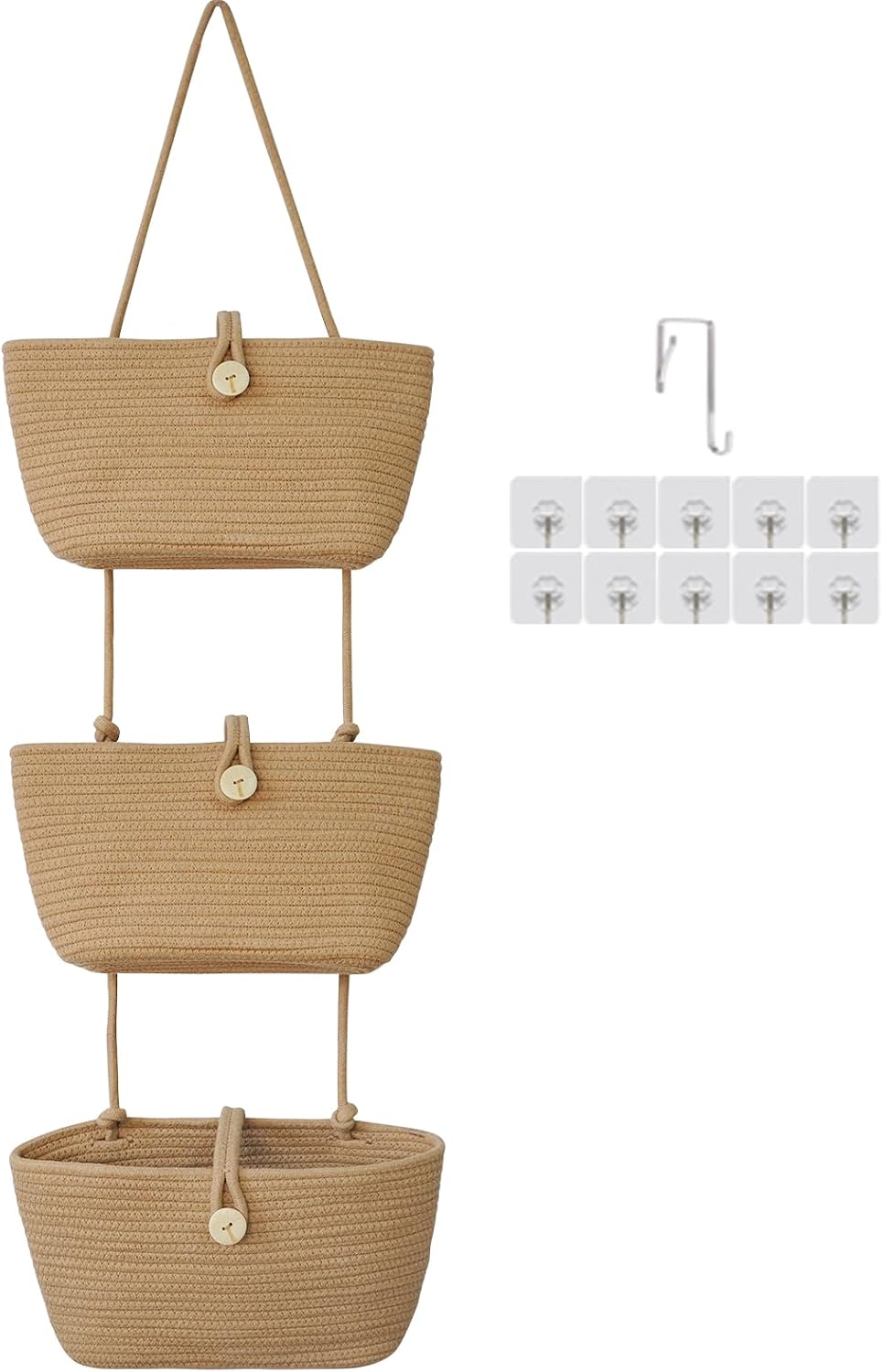 3-Tier Cotton Rope Baskets with Tassels Over the Door Wall Hanging Baskets for Nursery, Living Room, Bathroom, Door Storage Organizer for Decoration Jute&White