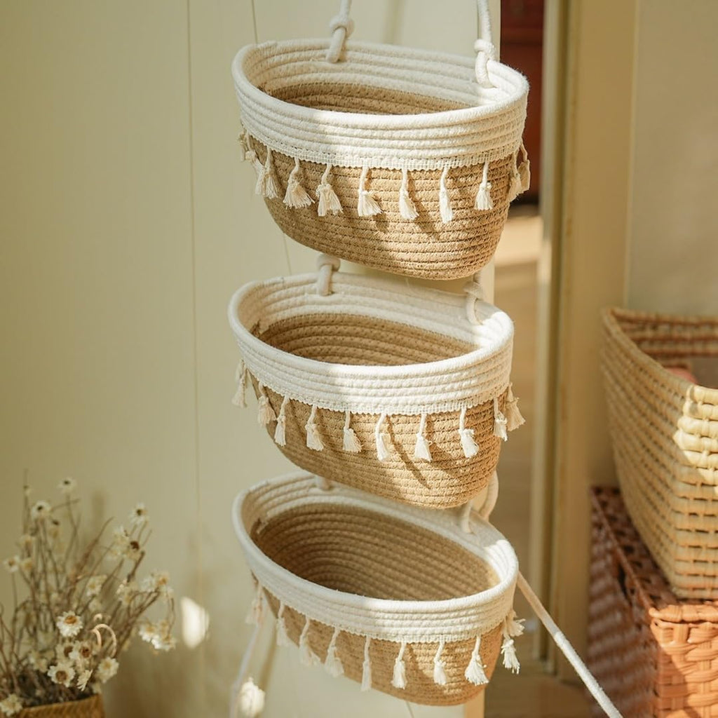 3-Tier Cotton Rope Baskets with Tassels Over the Door Wall Hanging Baskets for Nursery, Living Room, Bathroom, Door Storage Organizer for Decoration Jute&White
