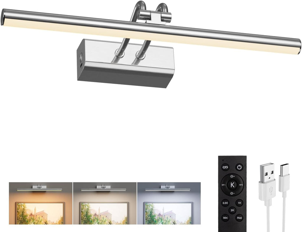 Picture Light for Wall, RF Remote, USB Charging Platinum Silver