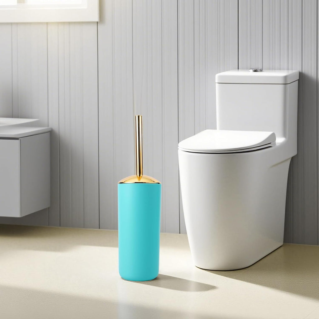 9 Pieces Teal Bathroom Accessories Set Gorgeous Gold Bathroom Set, Trash Can, Toilet Brush, Soap Dispenser, Toothbrush Holder, Soap Dish, Tumber, Qtip Holder, Tray, Sink Countertop Set