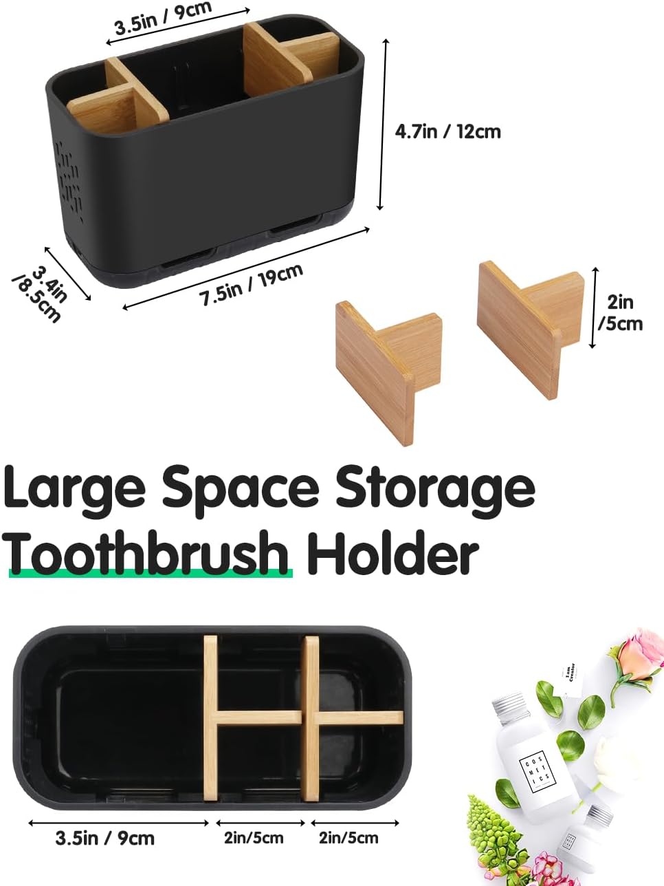 Black Toothbrush Holder with Drainage, Bathroom Organizer, Large