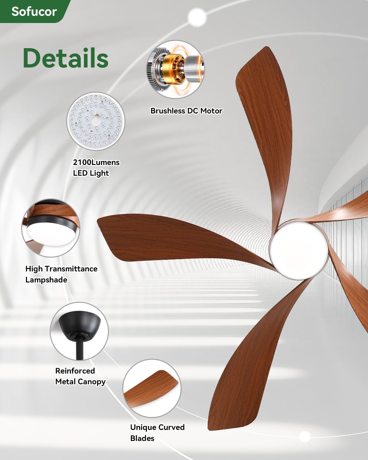Sofucor 52 Inch Smart Modern Ceiling Fan with Light Indoor/Outdoor Brown | Alexa/Google Assistant/APP/Remote Control, Reversible DC Motor, Timer, 6-Speed, 3CCT for Living Room Bedroom Patio Farmhouse
