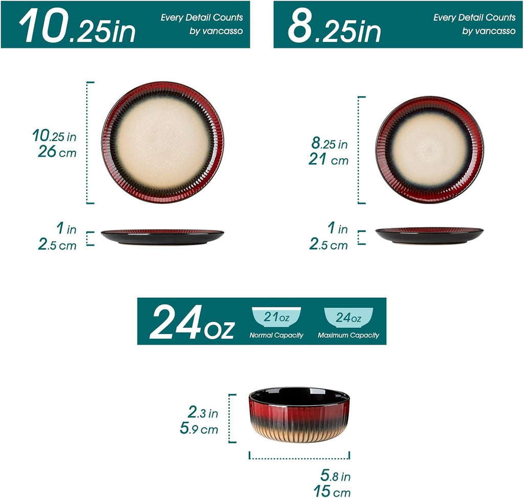 vancasso 12-Piece Red Ceramic Dinnerware Sets Plates and Bowls Sets for 4