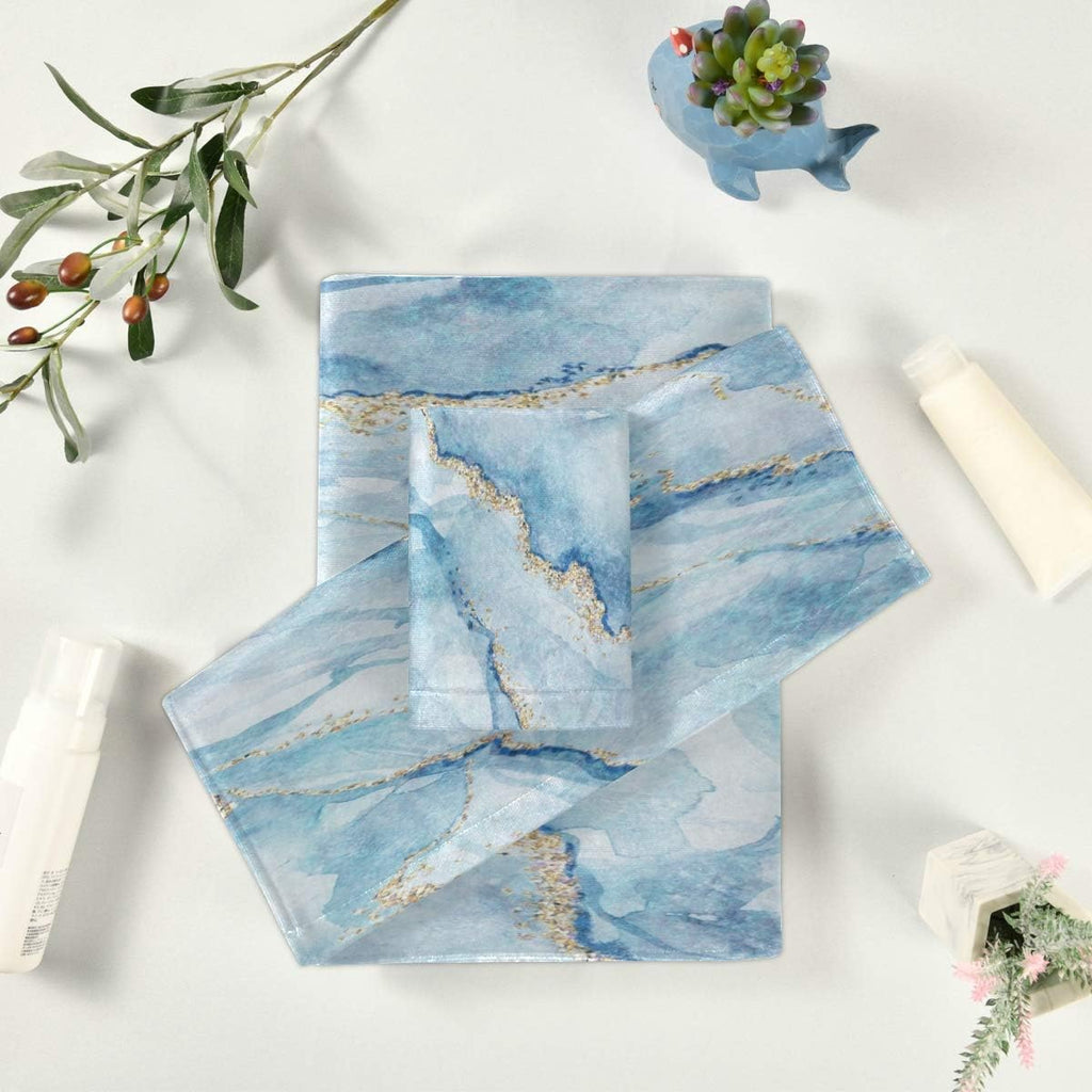 Blueangle White Blue Marble 3 Piece Bathroom Towel Set – Soft, Absorbent and Eco-Friendly – Includes 1 Bath Towel, 1 Face Towel/Washcloth, 1 Hand Towel