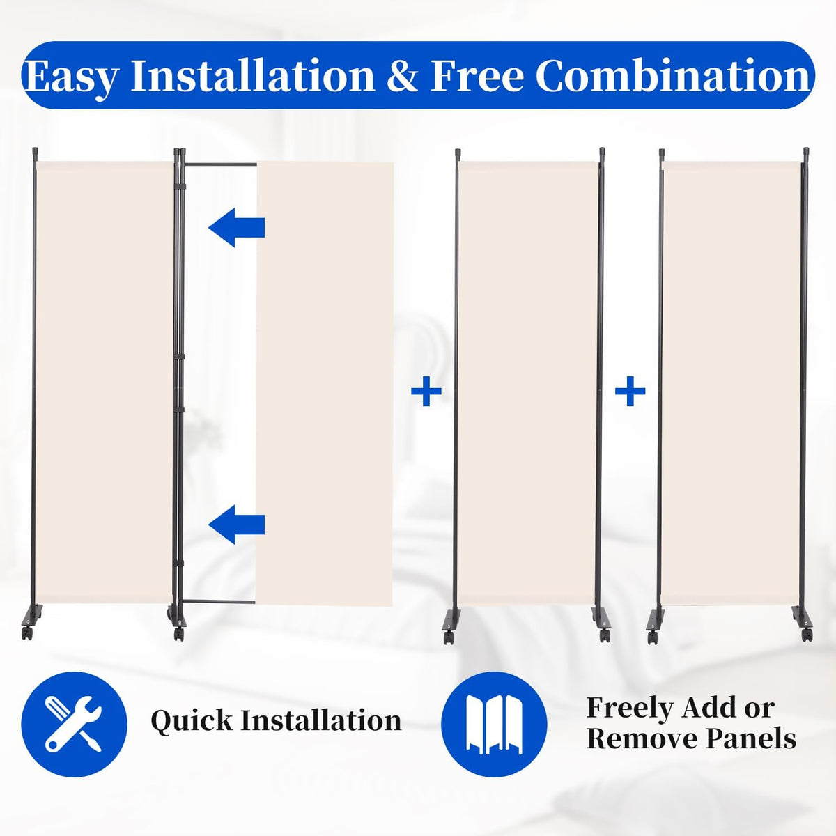 Room Divider 6FT 4 Panel Folding Wall Divider with Lockable Wheels,Beige