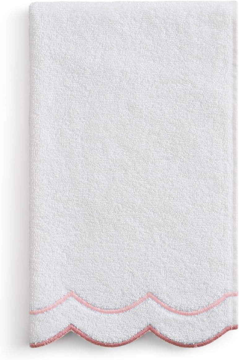 Peri Home 100% Cotton Hand Towel for Bathroom, Embroidered, Soft & Absorbent, 500 GSM, 1 Piece, 16" x 27", White with Blush Scallop