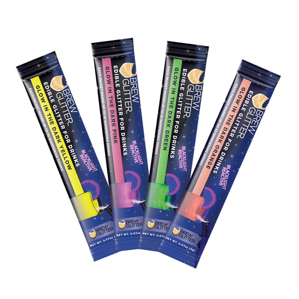 Blacklight Reactive Edible Glitter for Drinks, Variety Pack, Glowing Green, Yellow, Orange & Pink, 4 Pack
