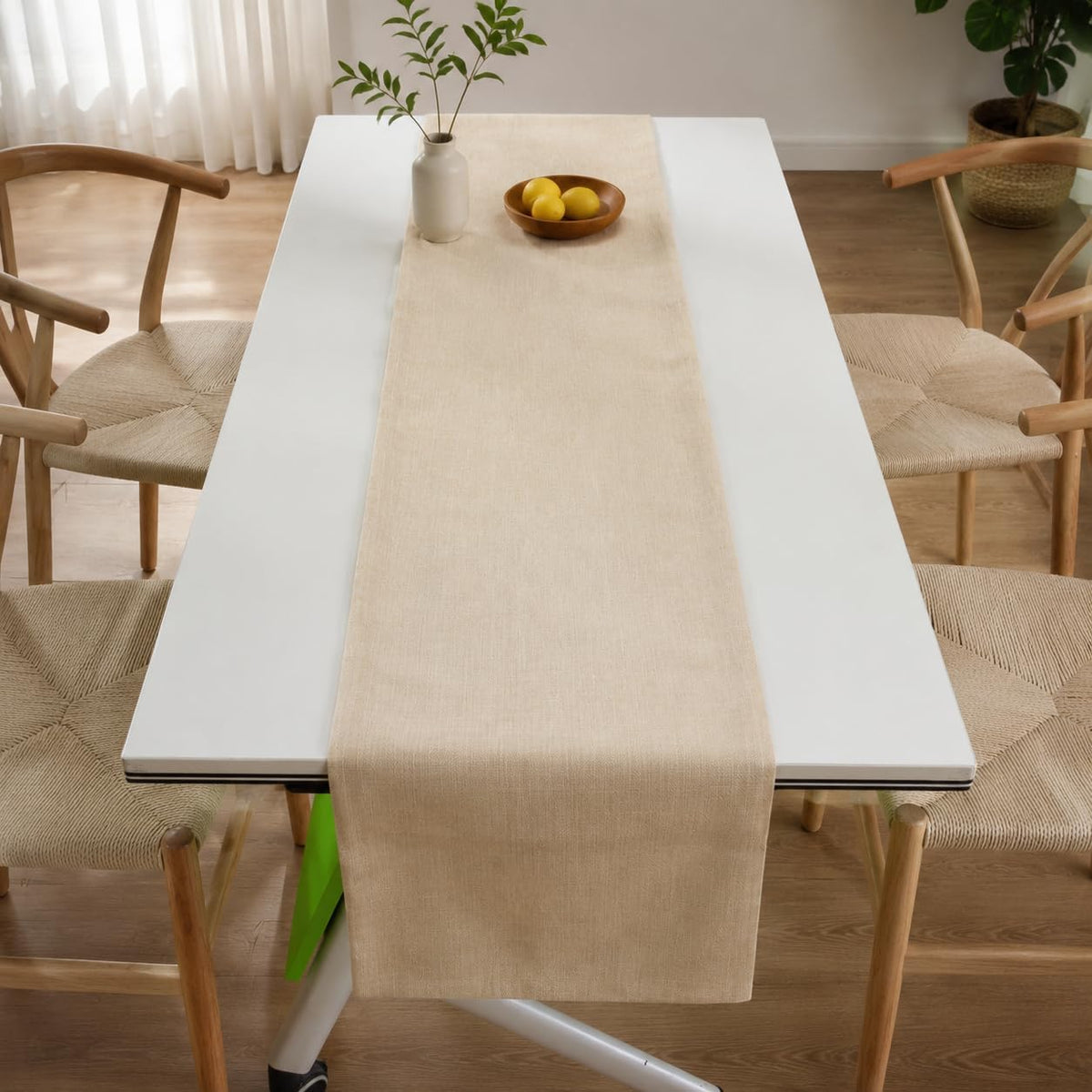 Beige Faux Linen Table Runner Waterproof Elegant Modern Table Decor 72inch