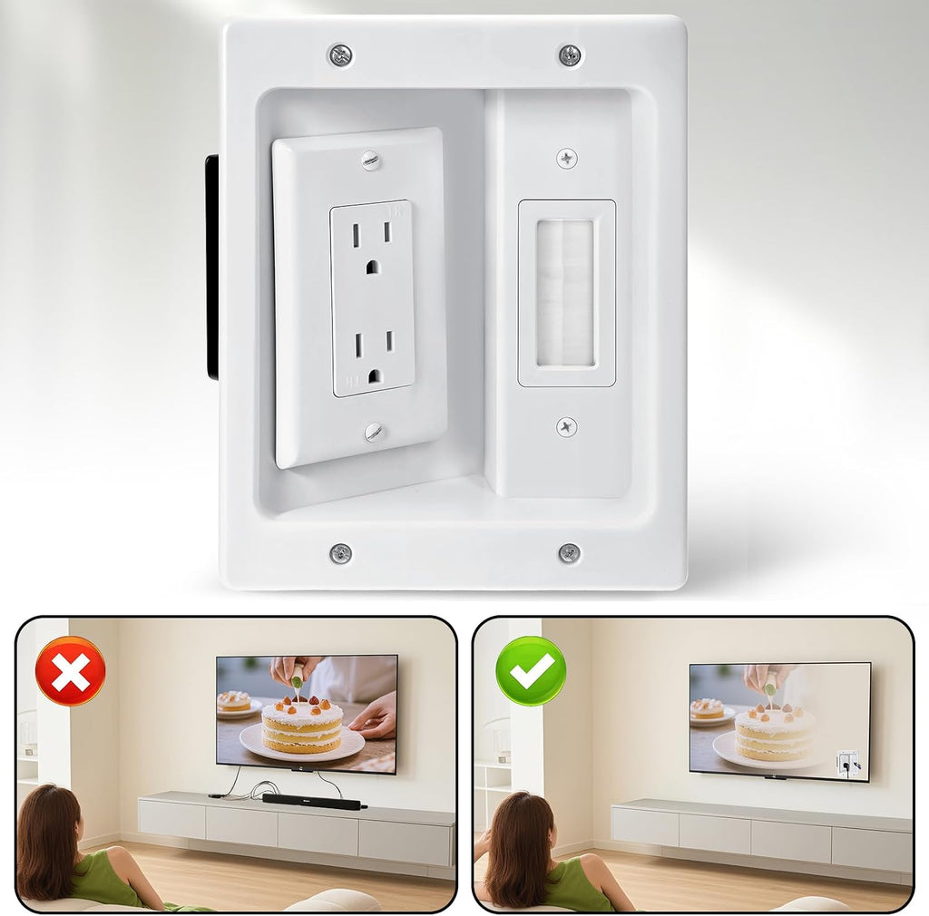 Recessed TV Outlet Box, Dual Outlet Power Cable Management Outlets in Wall Media Box, Low Voltage Wires Hider Kit Electrical Accessories for Saving Home Theater & Office Space